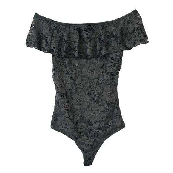 Express y2k lace off the shoulder bodysuit dark gray - Picture 1 of 8